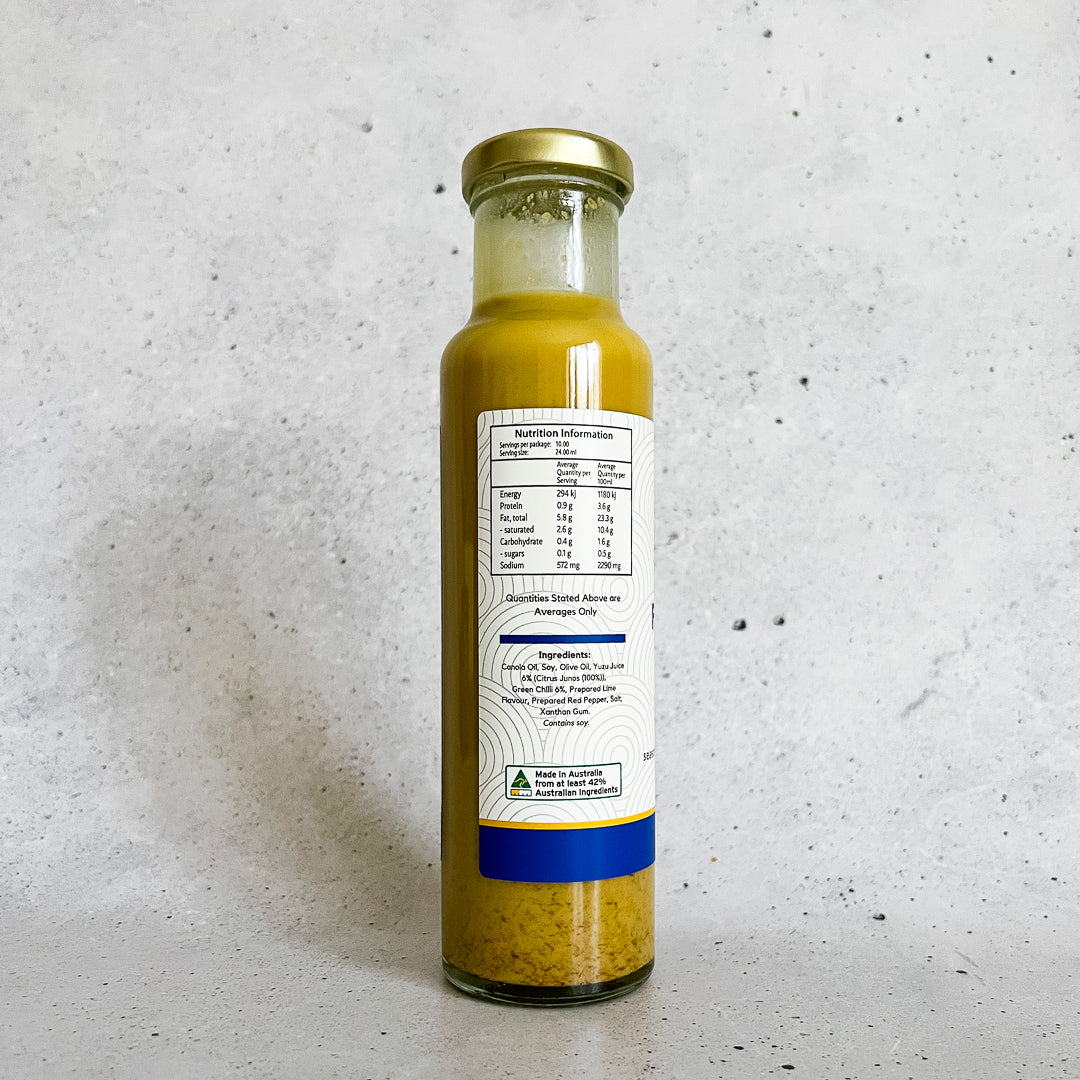 Back of bottle of fresh yuzu and chilli sauce