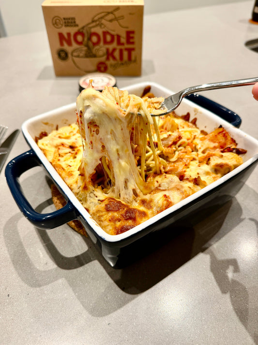 Cheesy Kimchi Noodle Bake